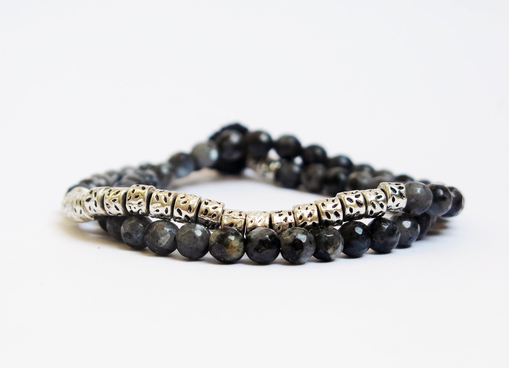 REY - Wrap Gemstone Beads Bracelet made of waxed Cord and metallic Tube Beads