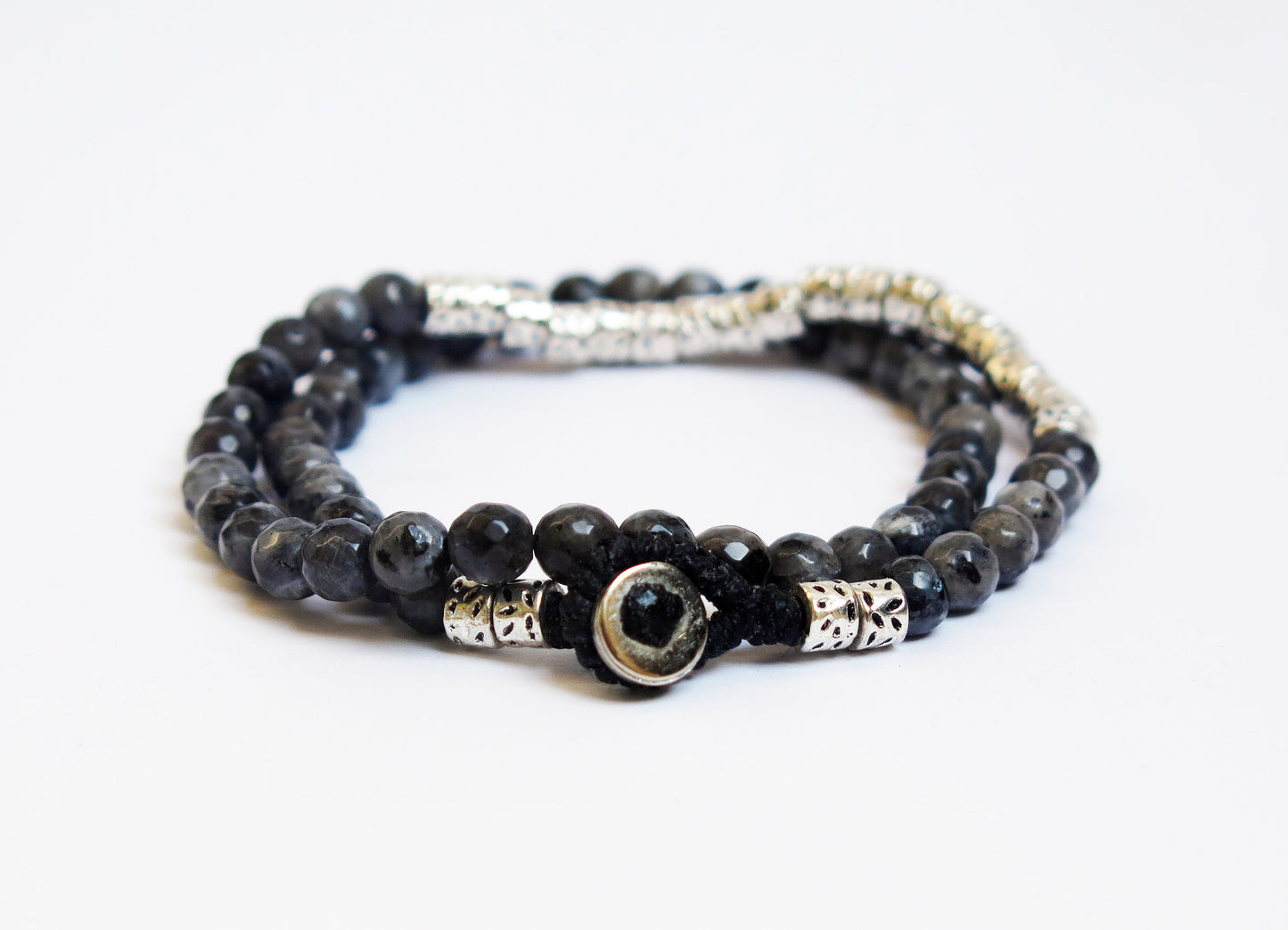 REY - Wrap Gemstone Beads Bracelet made of waxed Cord and metallic Tube Beads