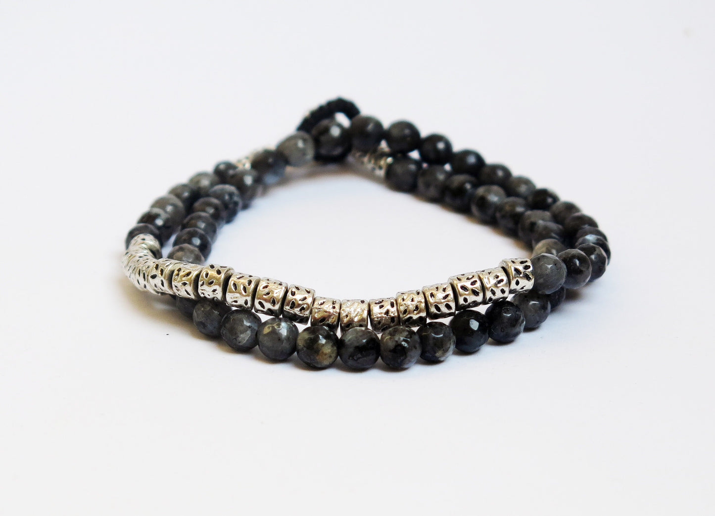 REY - Wrap Gemstone Beads Bracelet made of waxed Cord and metallic Tube Beads