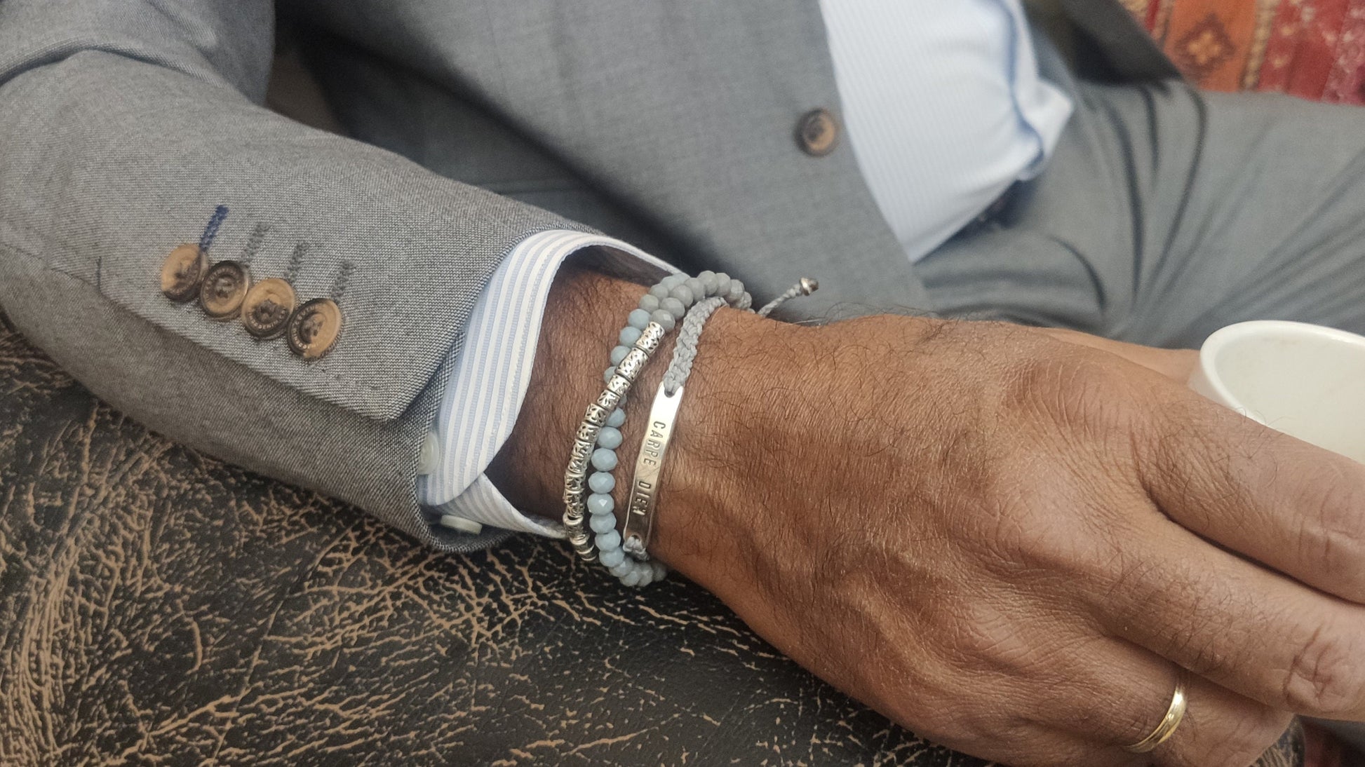 REY - Wrap Gemstone Beads Bracelet made of waxed Cord and metallic Tube Beads